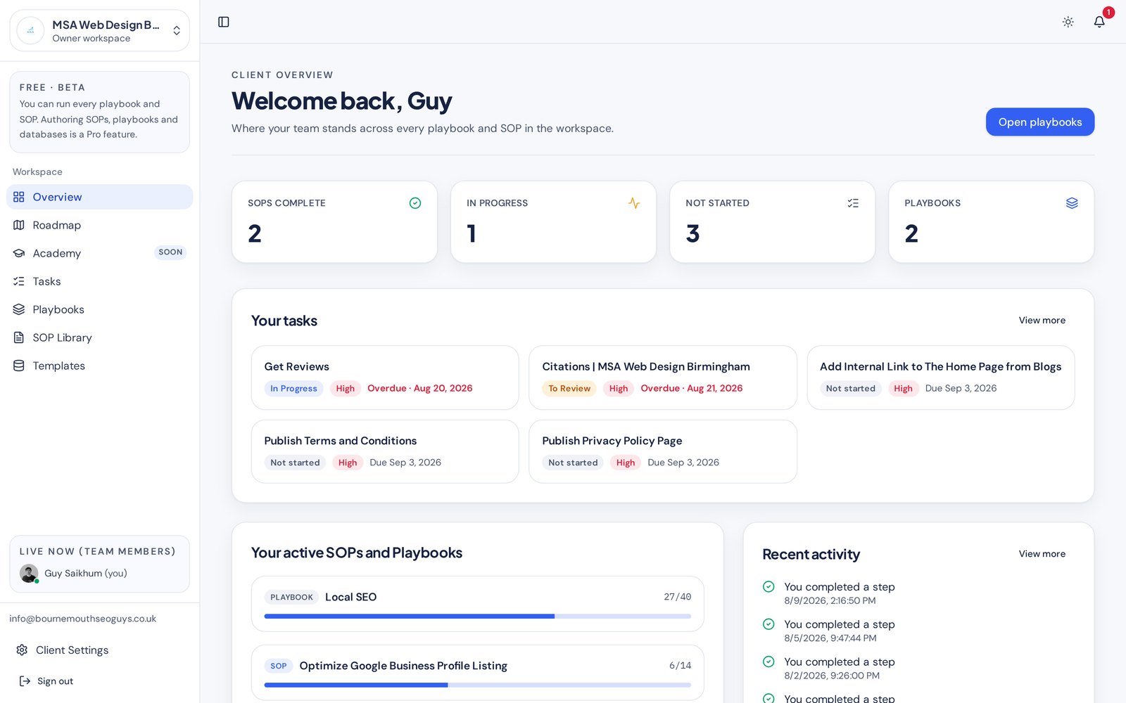 Marketing OS client overview dashboard showing SOP completion counts, active playbooks, tasks and recent activity