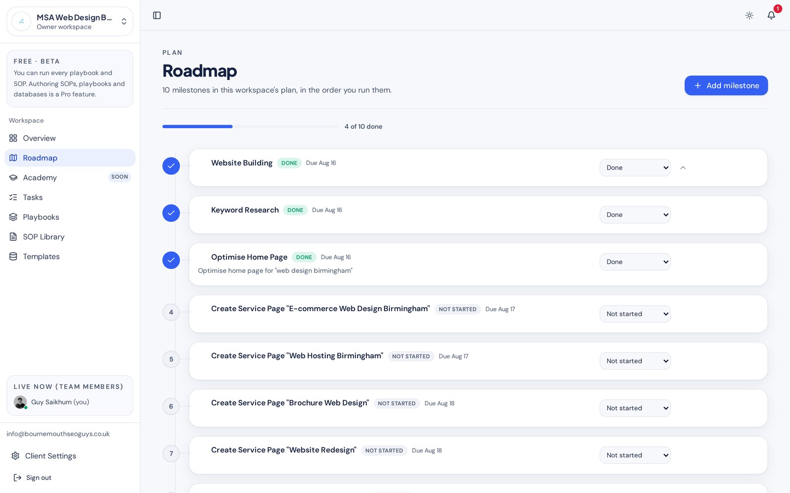 Marketing OS roadmap timeline with completed and upcoming SEO milestones for a client