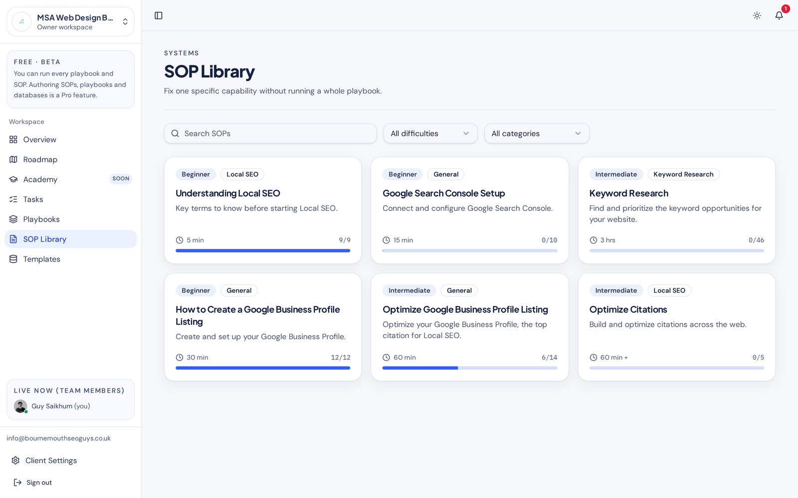 Marketing OS SOP library with cards for Local SEO, Google Search Console setup, keyword research and citations