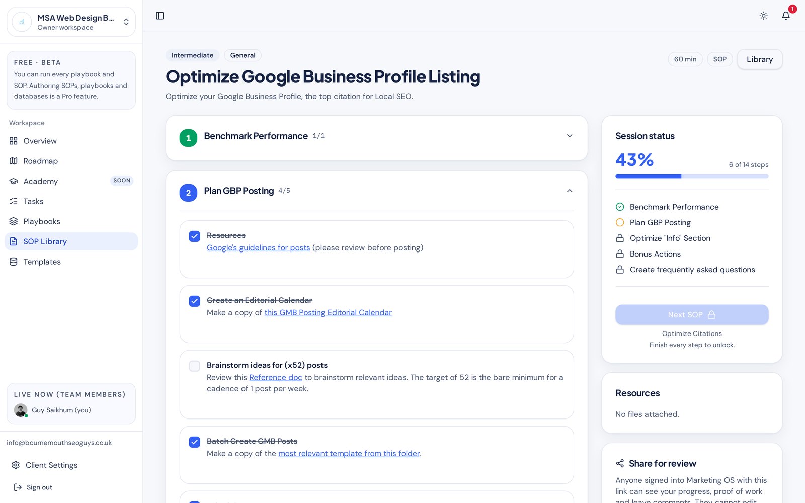 Marketing OS SOP runner showing a gated Google Business Profile SOP with completed checklist steps and a locked Next SOP button