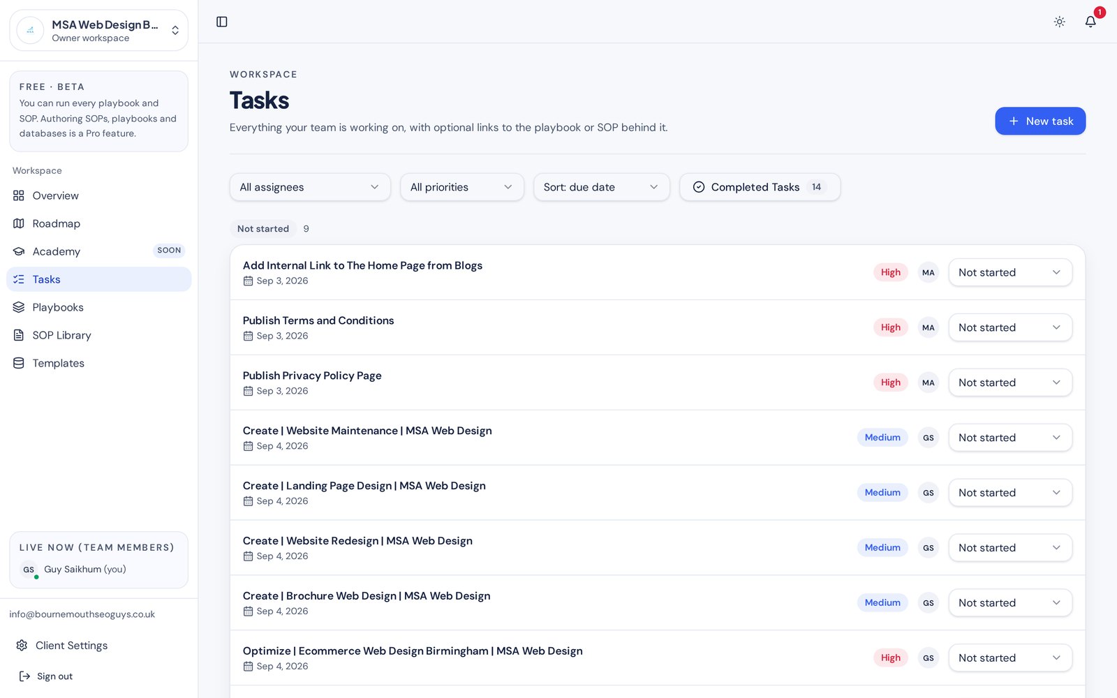 Marketing OS task list with priorities, due dates, assignee avatars and status dropdowns